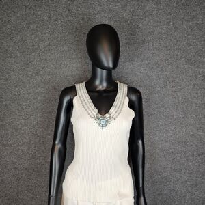 Bellini White Ribbed‎ Sleeveless Tank with Embellished V-Neck